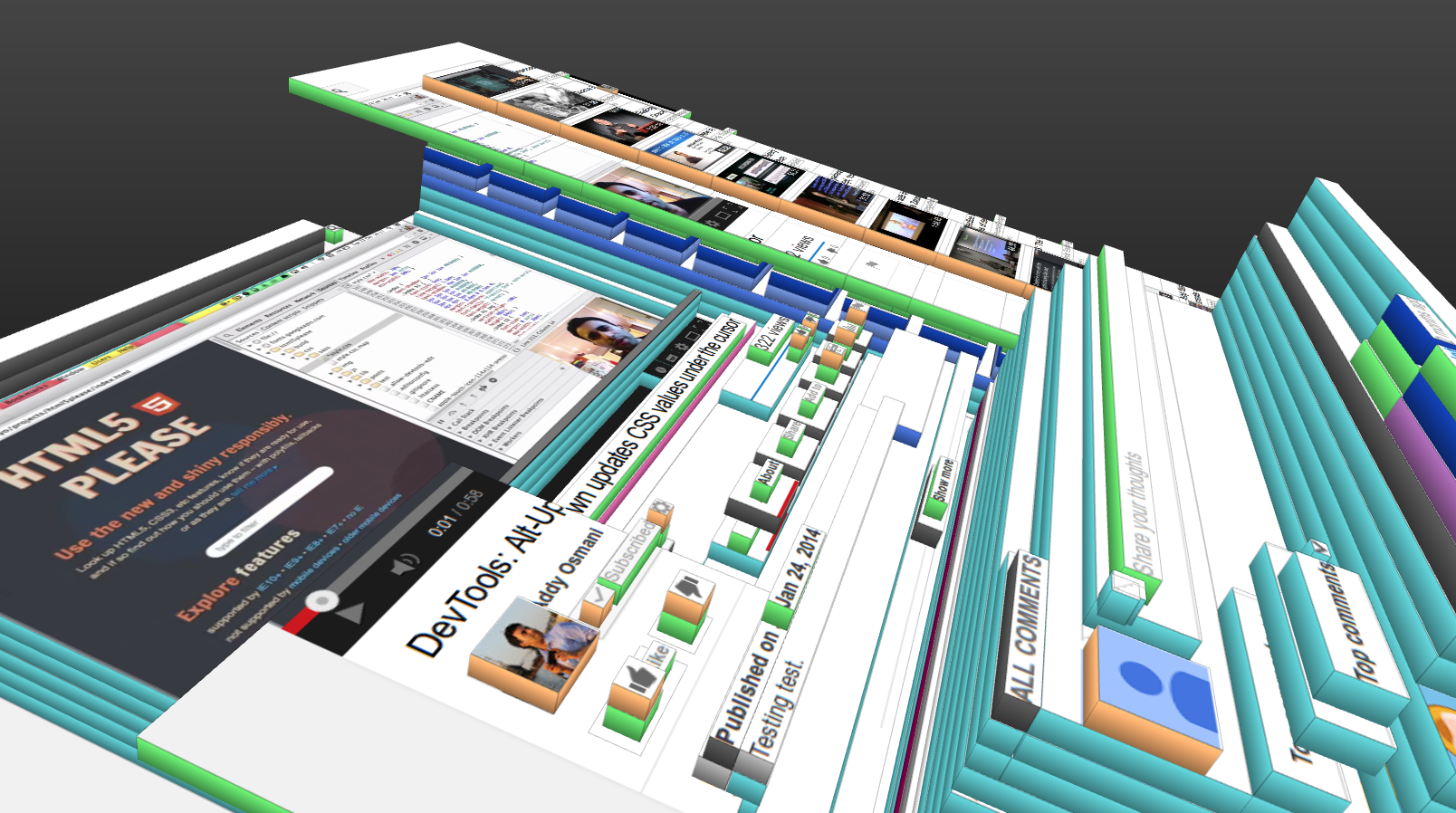 3D view of a Youtube page (deep element nesting illustrated)